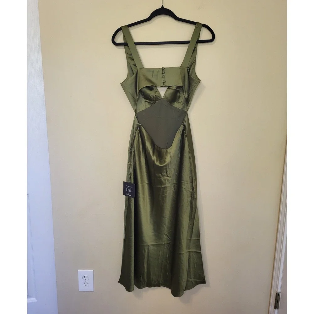 Lulus Olive Green Satin Cutout V-Neck Midi Dress NWT Size Small - Picture 6 of 7